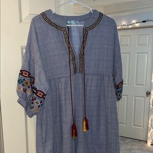 She + Sky Plaid Tunic with Embroidered Trim